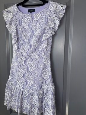 MAJORELLE Lavender Lace Ruffle Dress | Floral Overlay | Feminine Midi | XS